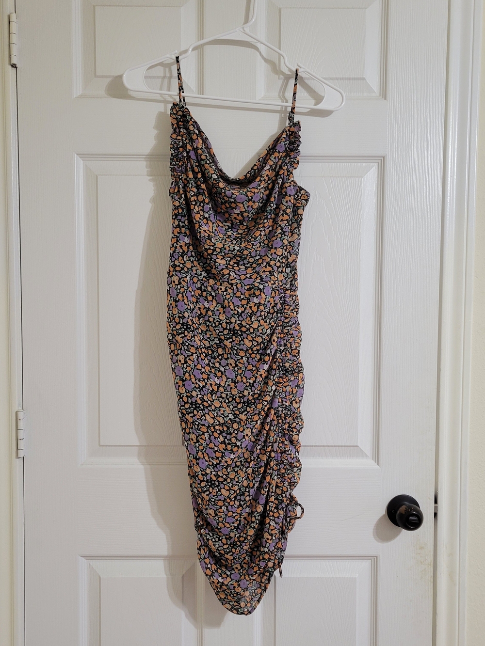 Astr the Label Cowl Neck Dress with Ruche Side Tie - Black/Orange Floral